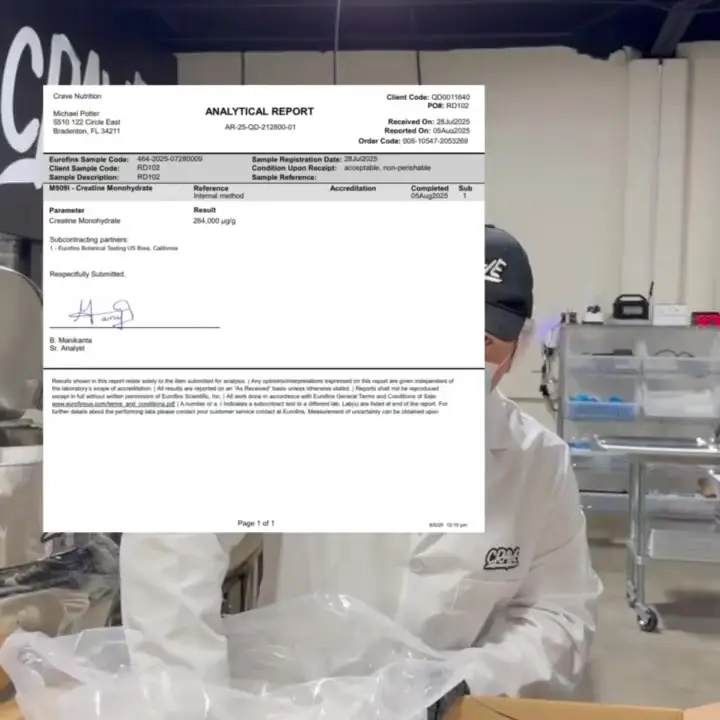 Eurofins analytical reports for three different Crave production samples, cascading over the production floor